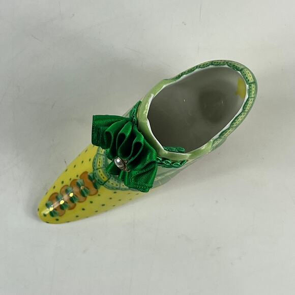 Fiona Saunders Limoges France Porcelain Shoe Figurine Hand Painted Green Yellow - Picture 6 of 13